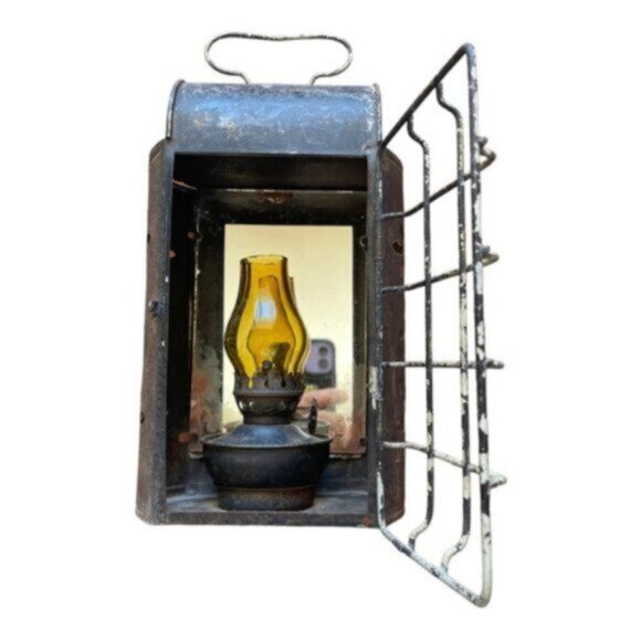 Punched Tin Metal Rustic Lantern with Mini Oil Lamp & Hanger Hinged Door - Picture 3 of 12